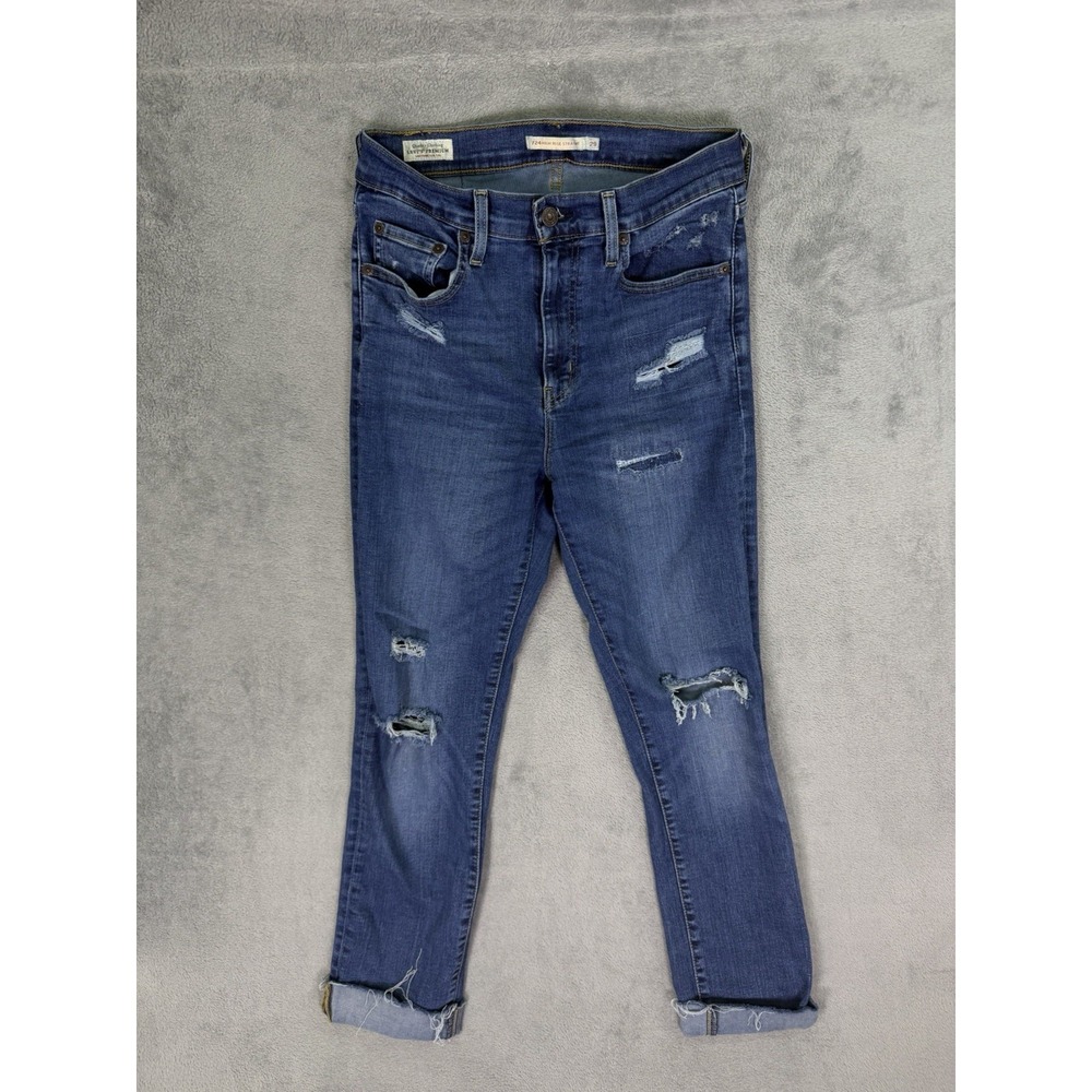 Levis 724 Jeans Womens 29‎ Blue Dark Wash High Rise Straight Fringe Retro Big E